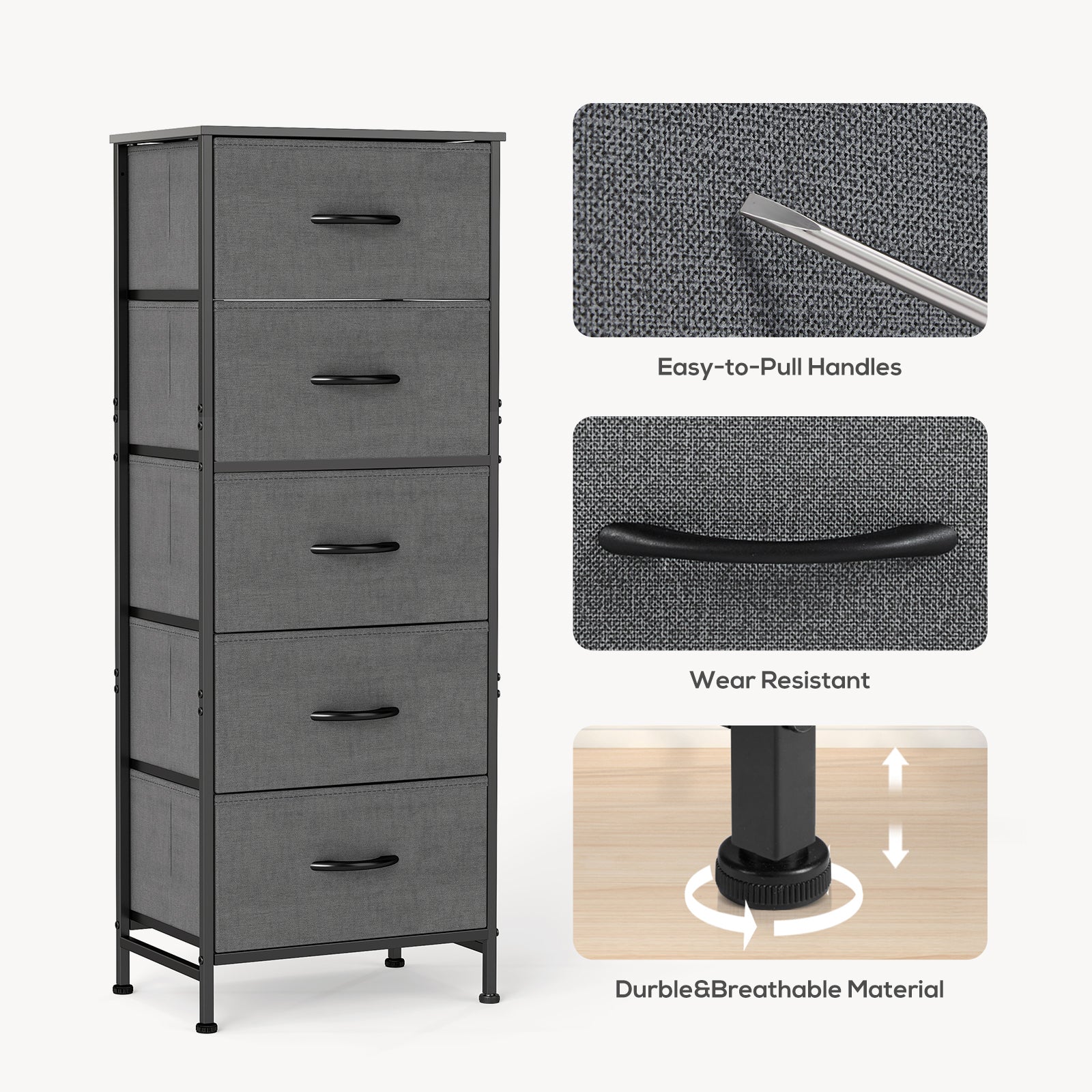 ACCVER Dresser for Bedroom 5 Storage drawer, Fabric Closet Chests Organizer Tower with Wooden Top Metal Frame for Living Room Hallway Entryway, Gray