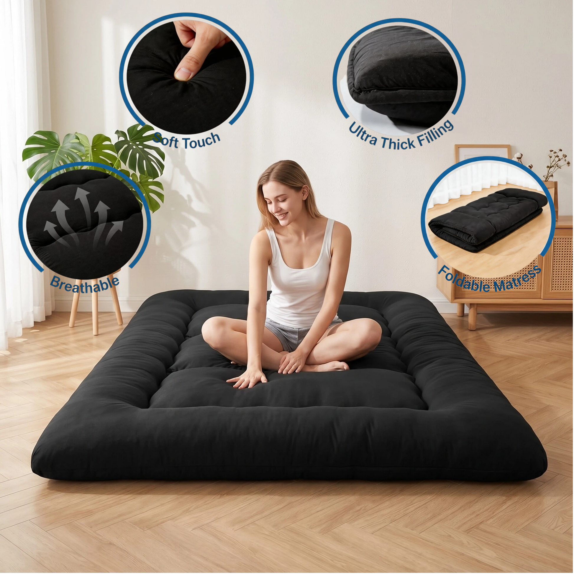 LIFERECORD Japanese Floor Mattress Full Size, Foldable Futon Mattress with Removable Washable Cover, Portable Roll Up Tatami Mat for Kids Room Dorm Sleepovers Solo Sleeper