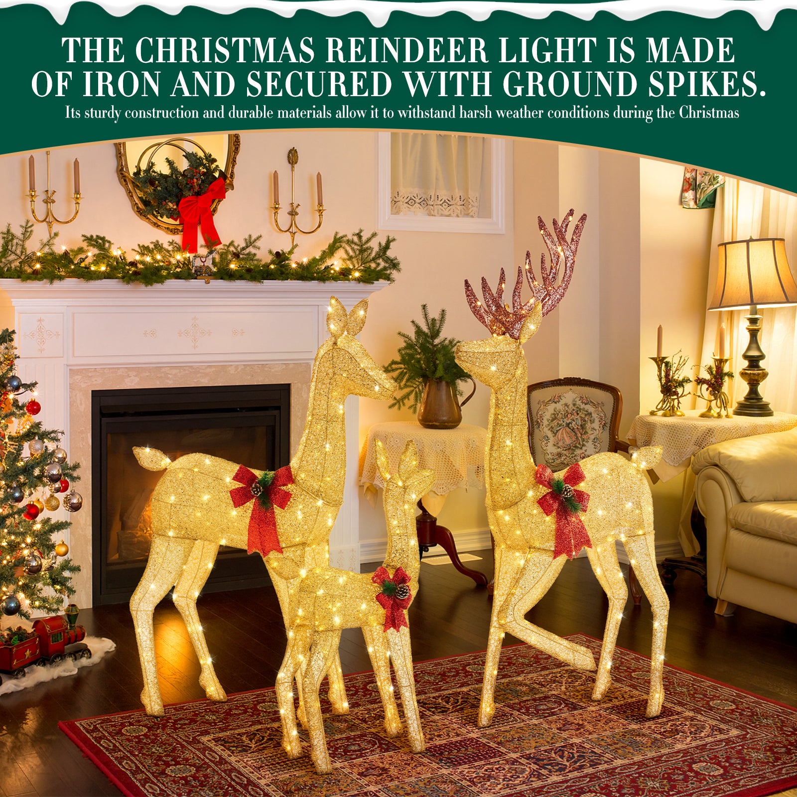 LIFERECORD 3-Piece 2D Lighted Christmas Deer Family Set - Large Outdoor Yard Reindeer Holiday Decoration with 360 LED Lights, Stakes, Zip Ties - Gold