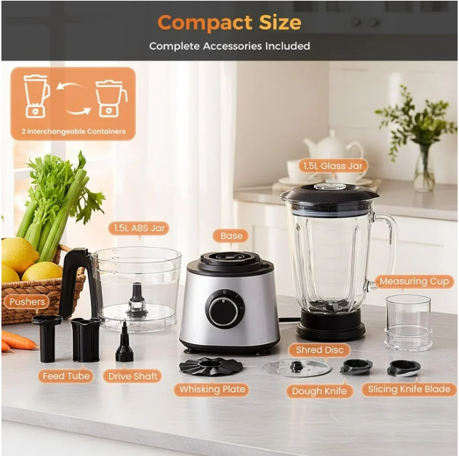 LIFERECORD 2-in-1 Food Processor Blender, 1.5L Glass Jar, for Slicing, Dough Making, Puree & Meat Grinding for Home Cooking, 2 Speeds with Sharp Blades, Safety Lock