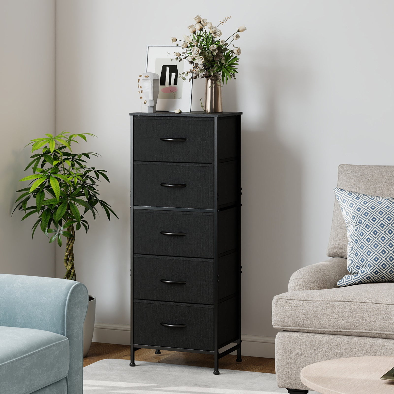ACCVER Dresser for Bedroom 5 Storage drawer, Fabric Closet Chests Organizer Tower with Wooden Top Metal Frame for Living Room Hallway Entryway, Black