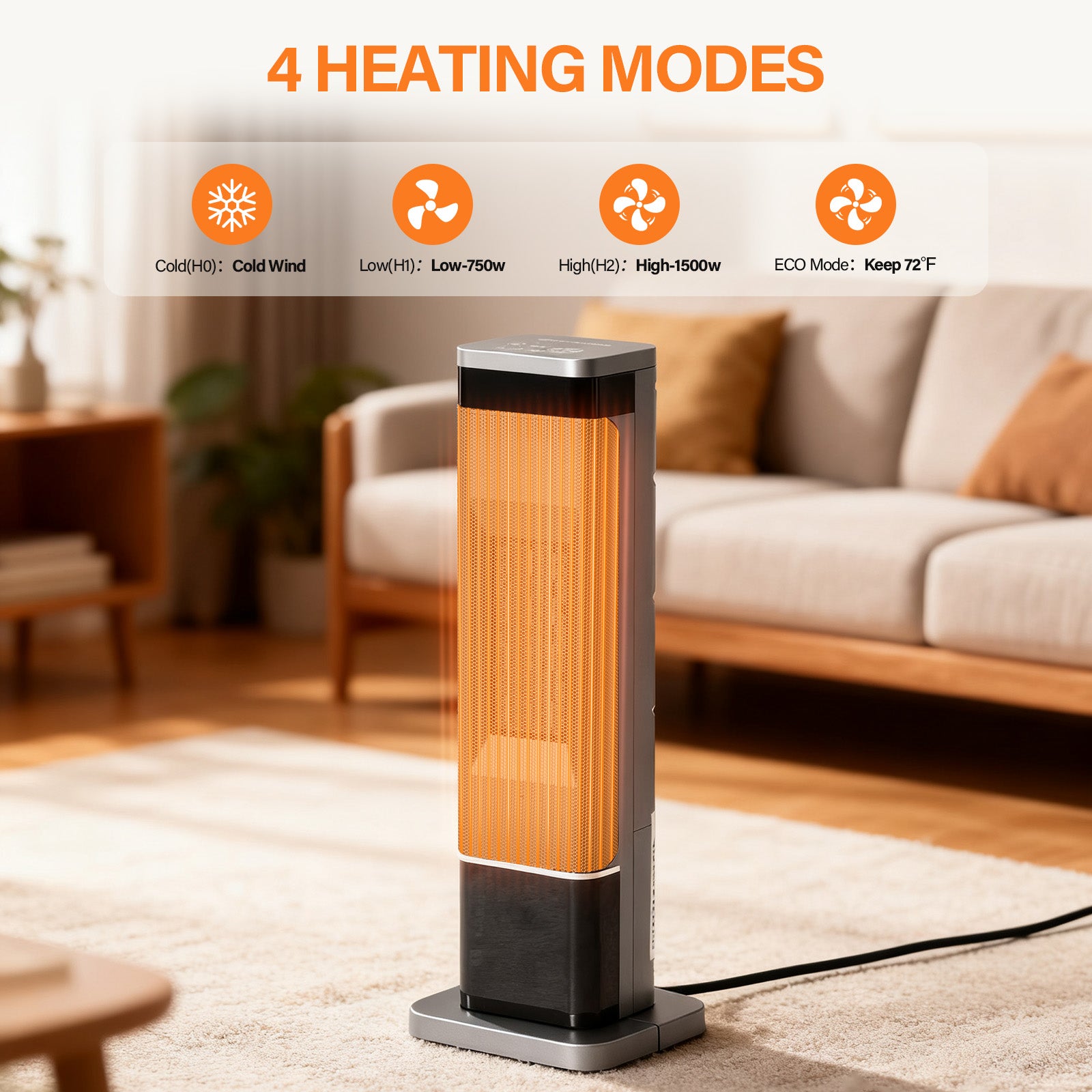 LIFERECORD Portable Space Heater for Indoor Use, 60°Oscillating Tower Heater with Thermostat, 12H Timer and Remote Control, 24 Inches, 1500W, Up to 99°F, Silver