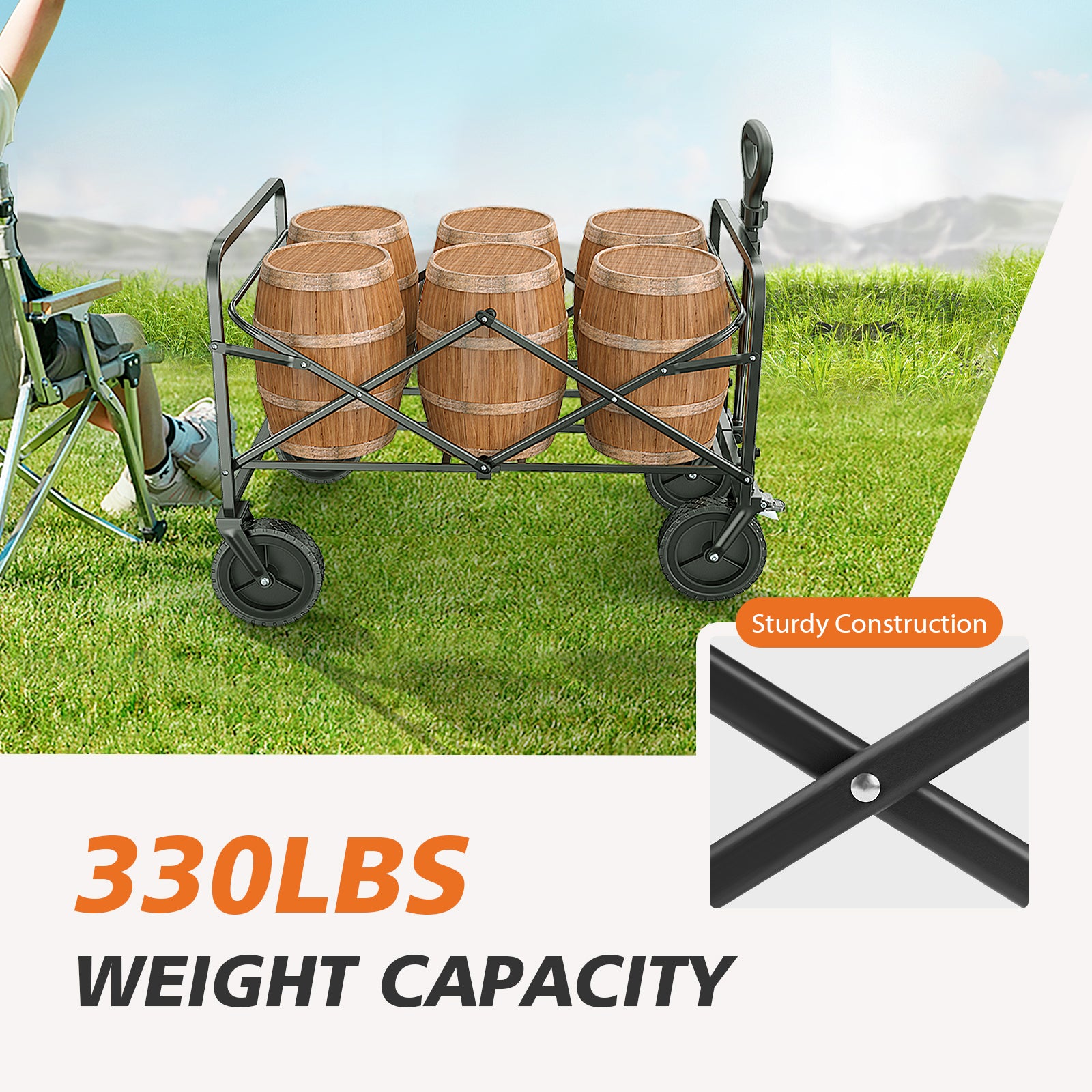 ACCVER Heavy Duty Collapsible Wagon Cart - 400LBS Capacity Folding Utility Cart w/ All-Terrain Wheels, Drink Holders for Camping, Beach, Grocery, Sports (Foldable & Portable), Extra Large Black