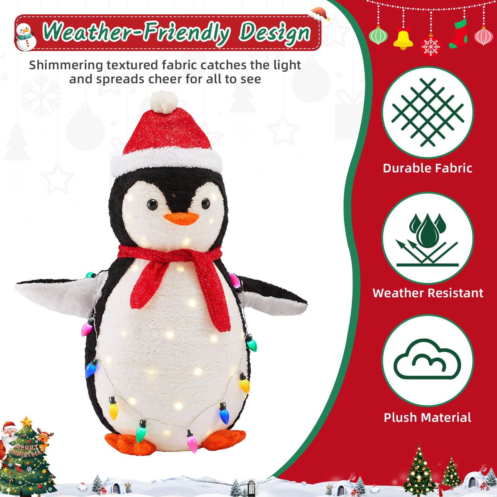 LIFERECORD 2PC Lighted Penguin Family, 3ft Pop-Up Outdoor Christmas Holiday Decoration w/ 150 LED Lights, Multicolored Lights - Red