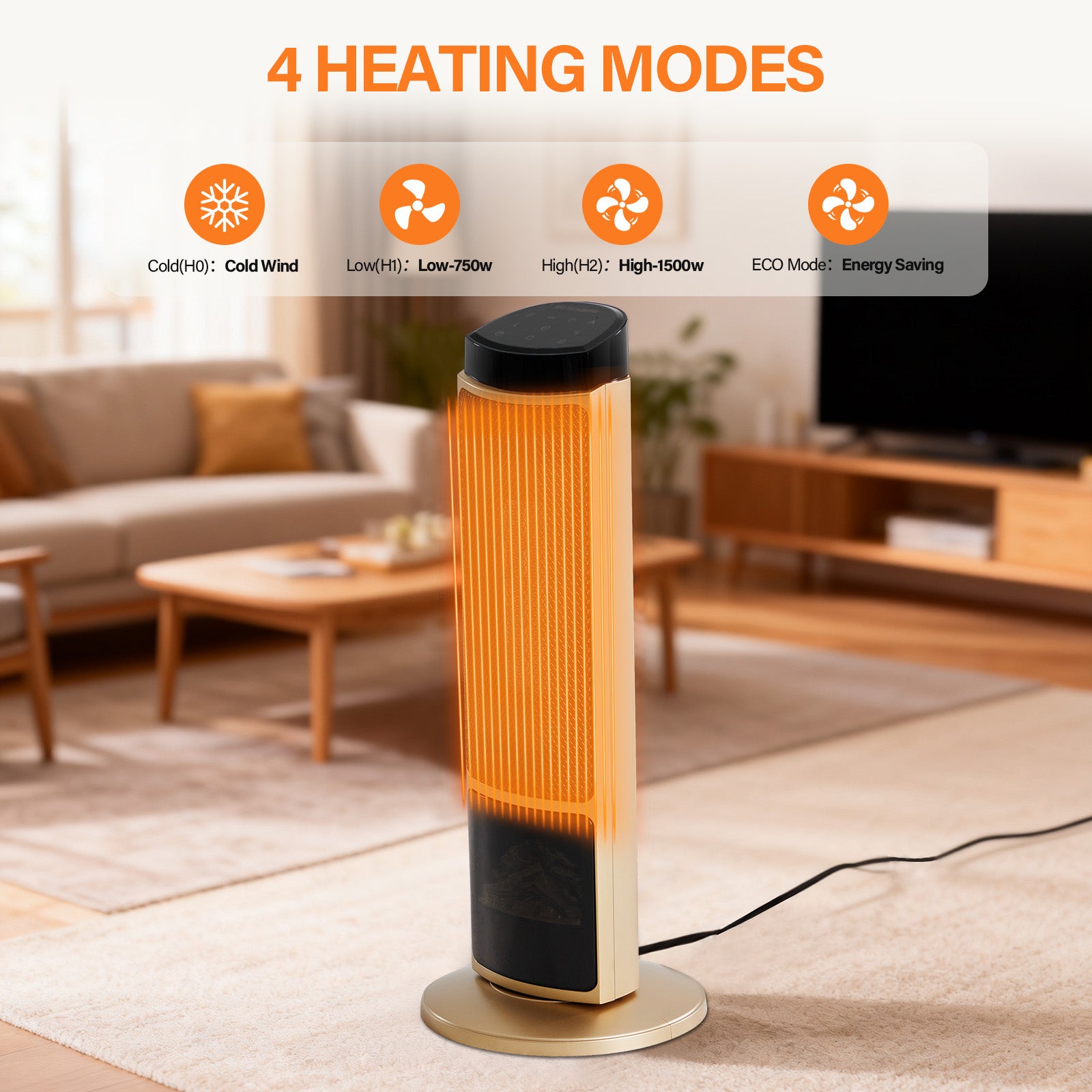 LIFERECORD Oscillating Space Heater with Remote, 70° Wide-Angle Heating, Quiet Portable Indoor Heater with Tip-Over Protection for Office & Home, Gold