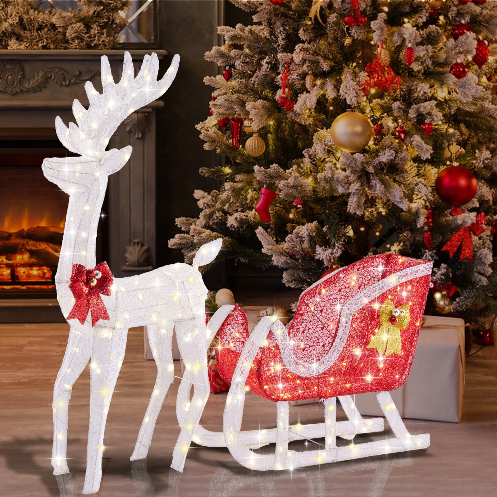 LIFERECORD 4 FT Christmas Lighted Reindeer & Santa's Sleigh, Indoor/Outdoor Xmas Pre-Lit Yard Decoration with 180 LED Lights, Stakes & Zip Ties, Festive Holiday Decoration for Lawn & Garden, White