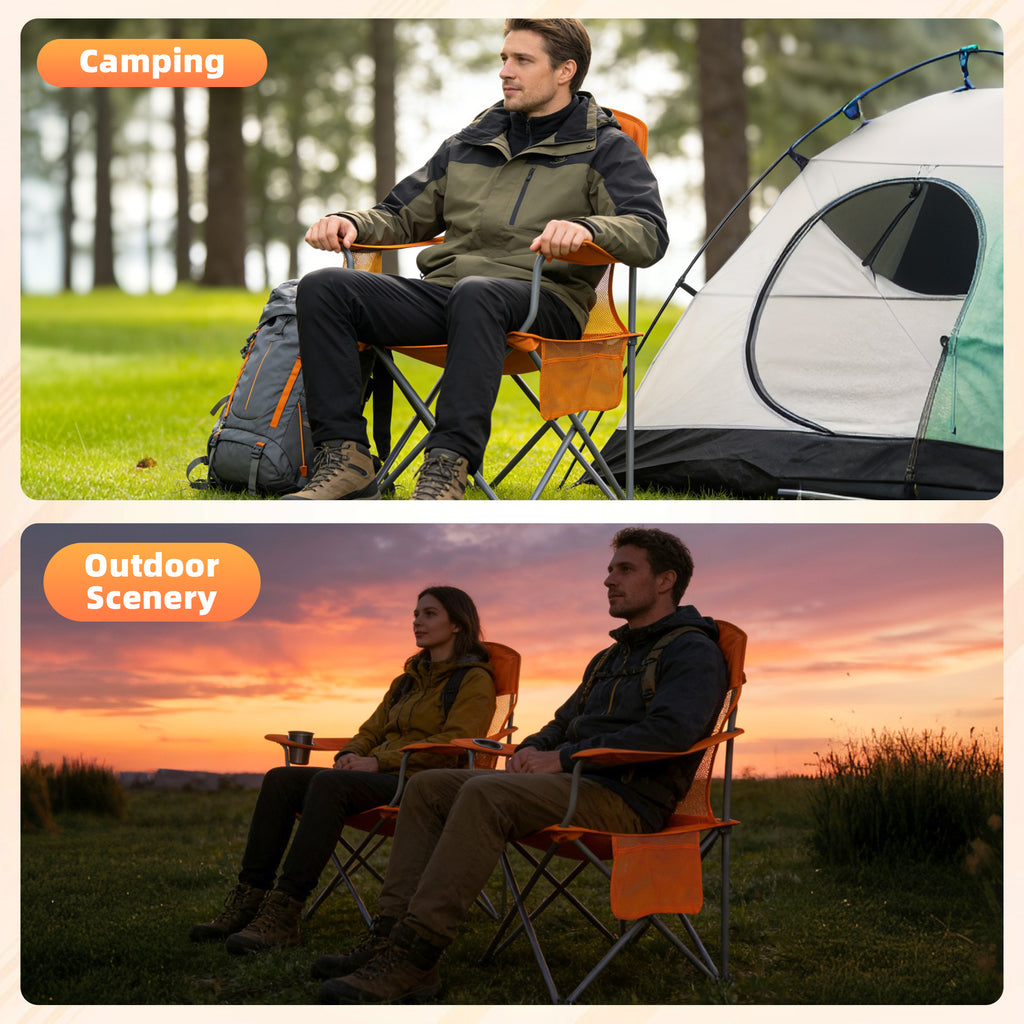 LIFERECORD Portable Camping Chair with Cup Holder & Side Pocket, Lightweight Folding Outdoor Chair for Beach, Fishing, Picnic, Heavy Duty 300LBS Capacity, Orange