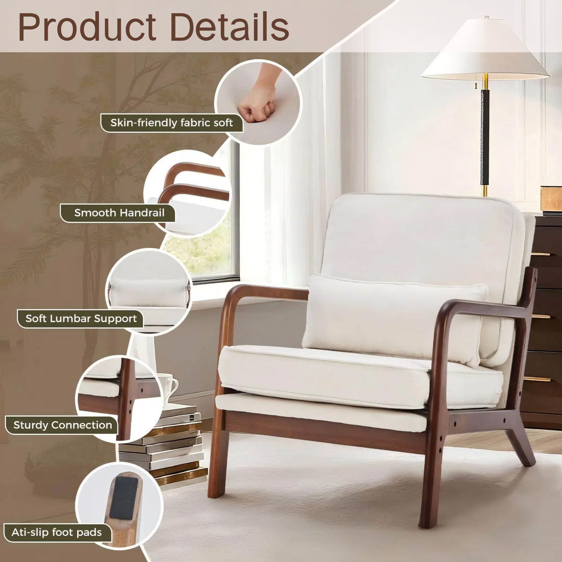 LIFERECORD Mid Century Modern Accent Chair, Reading Chair with Arms and Lumbar Cushion, Comfortable Lounge Chair for Living Room Bedroom, Solid Rubberwood Frame