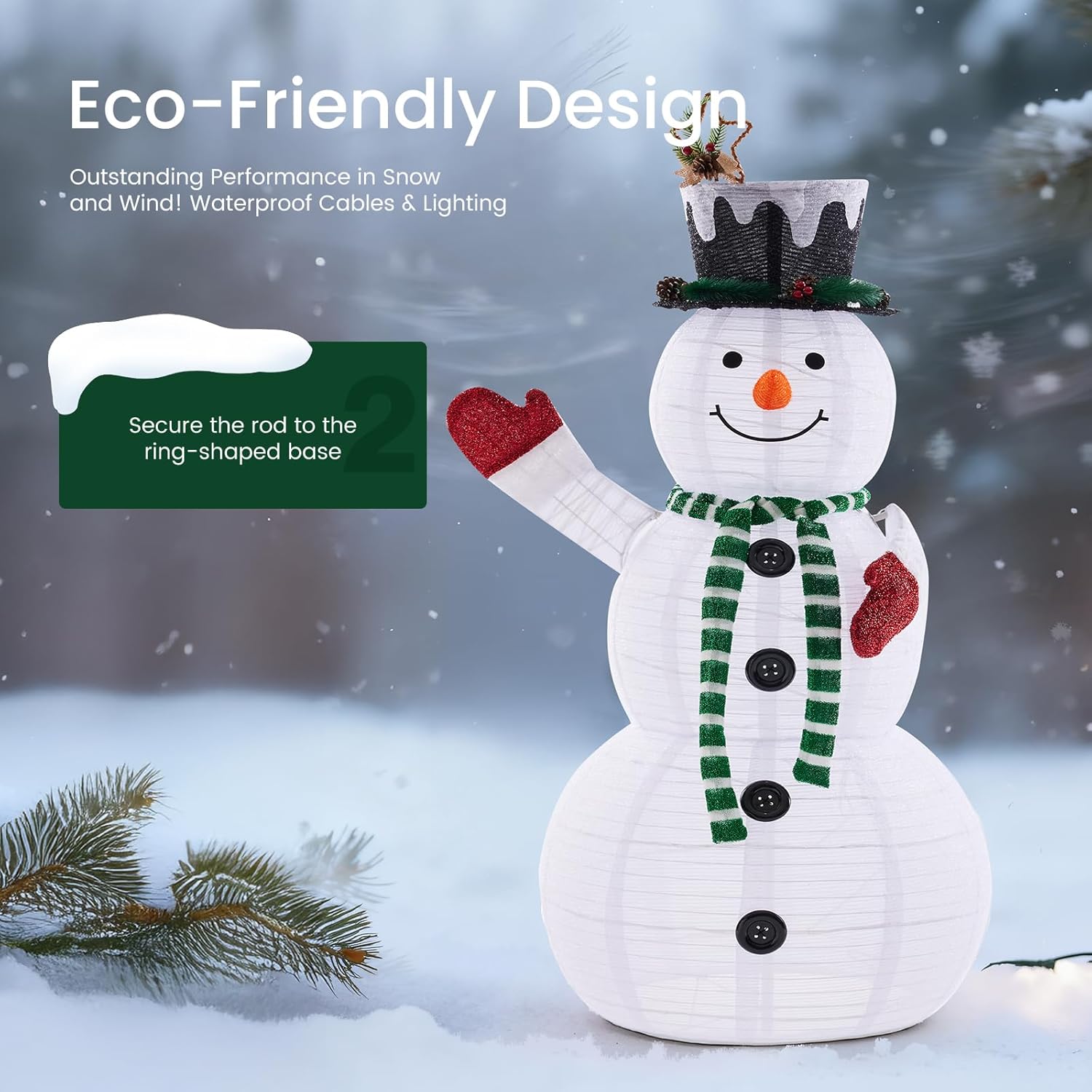 LIFERECORD 5ft Lighted Pop-Up Snowman, Large White Outdoor Christmas Holiday Decoration with 200 LED Lights, Hat, Scarf, Multicolored Lights,White/Green