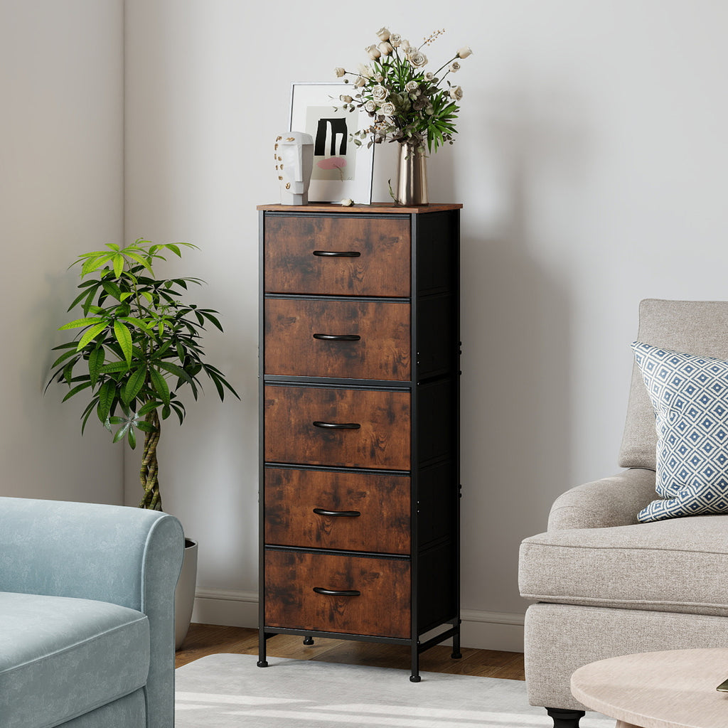 ACCVER Dresser for Bedroom 5 Storage drawer, Fabric Closet Chests Organizer Tower with Wooden Top Metal Frame for Living Room Hallway Entryway, Brown