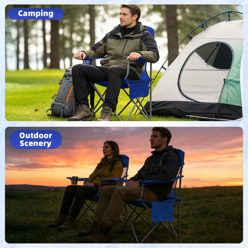 LIFERECORD Portable Camping Chair with Cup Holder & Side Pocket, Lightweight Folding Outdoor Chair for Beach, Fishing, Picnic, Heavy Duty 300LBS Capacity, Blue