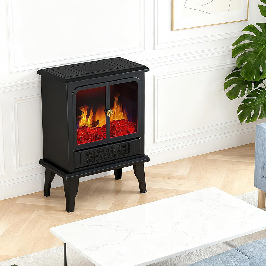 LIFERECORD 19" Freestanding Electric Fireplace Heater - Adjustable Realistic 3D Flame, 2 Heat Settings, Double Door, Overheat Protection, Easy Control for Bedroom & Living Room