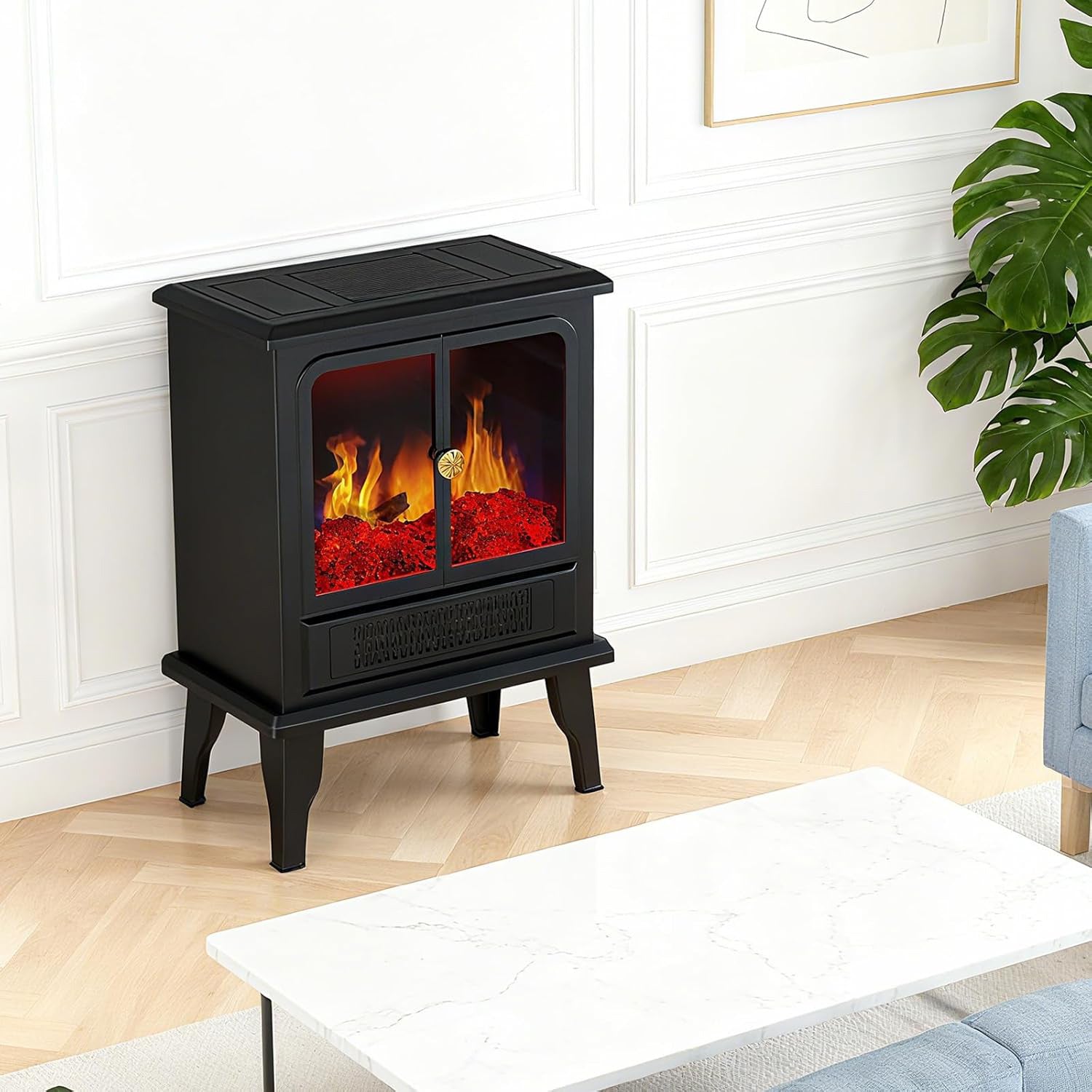 LIFERECORD 19" Freestanding Electric Fireplace Heater - Adjustable Realistic 3D Flame, 2 Heat Settings, Double Door, Overheat Protection, Easy Control for Bedroom & Living Room