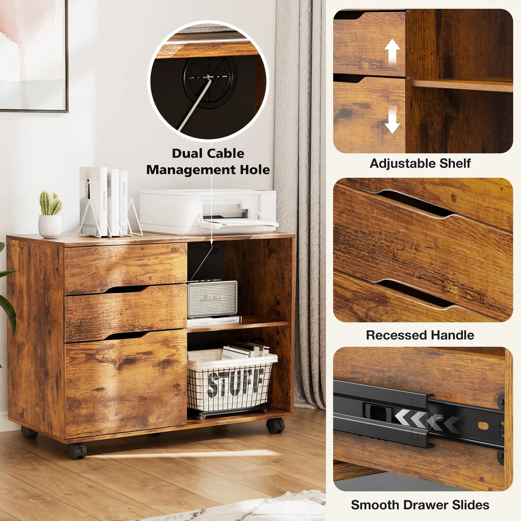 LIFERECORD 3-Drawer Lateral File Cabinet with Wheels, Mobile Rolling File Cabinet with Adjustable Shelf, Printer Stand for Home Office, Under Desk Storage Organizer, Wood Filing Cabinet Rustic Brown