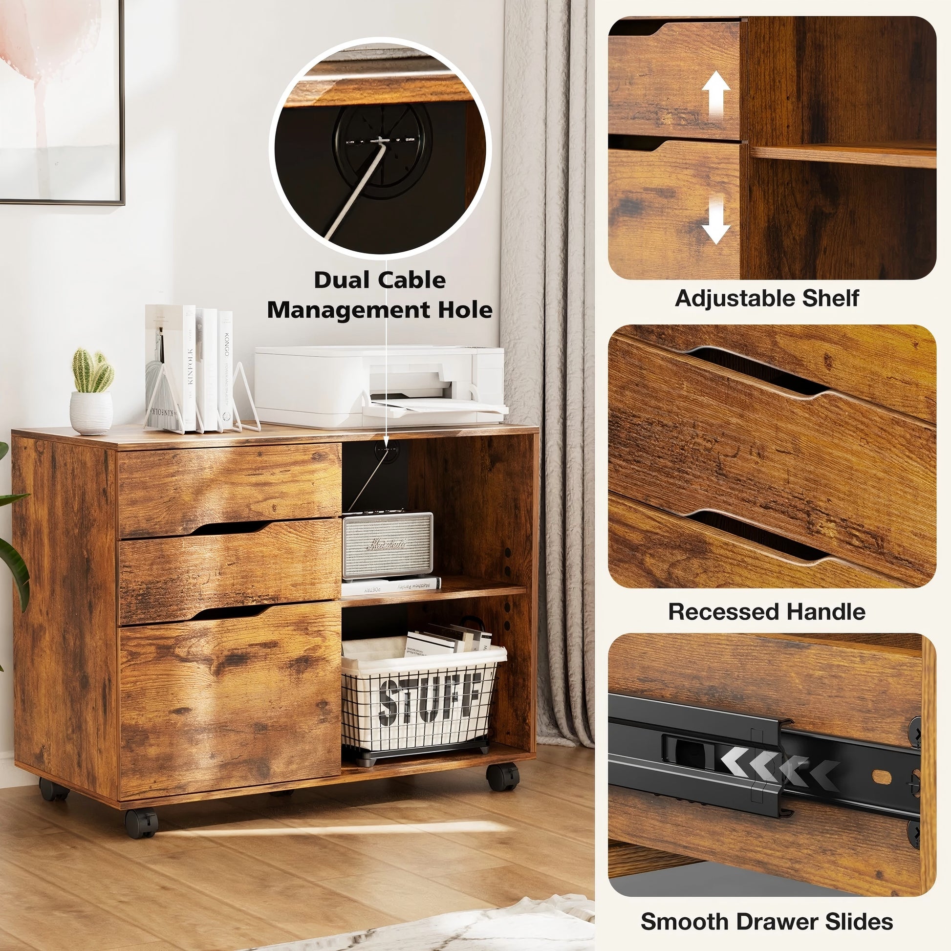 LIFERECORD 3-Drawer Lateral File Cabinet with Wheels, Mobile Rolling File Cabinet with Adjustable Shelf, Printer Stand for Home Office, Under Desk Storage Organizer, Wood Filing Cabinet Rustic Brown