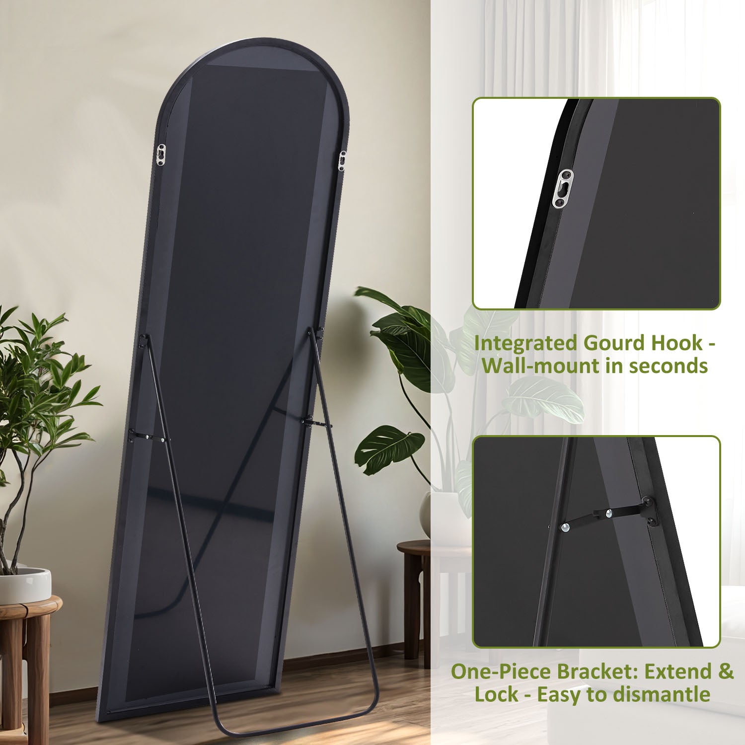 ACCVER 16"x60" Full Length Mirror - Classic Standing Mirror, Durable Aluminum Frame & Tempered Glass, Lean-to or Wall Mount for Bedroom/Dressing Room/Living Room, Arhced, Black