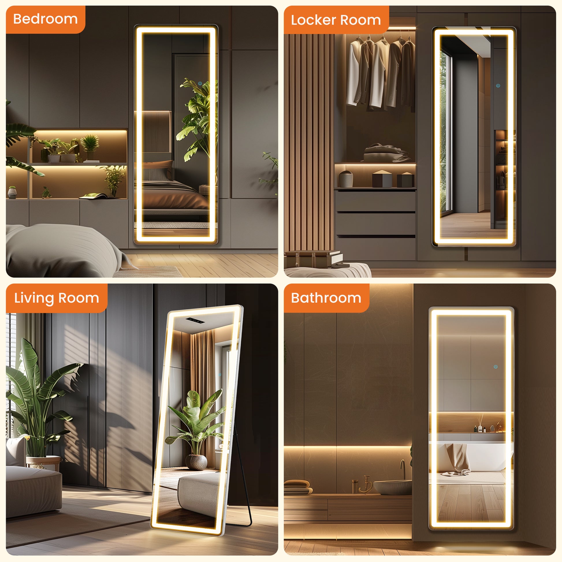 LIFERECORD 60"x16" Full Length Mirror with LED Lights, 3 Color Lighting Floor Standing Mirror with Dimming, Standing and Wall Mounted Mirror for Bedroom, Living Room, Cloakroom