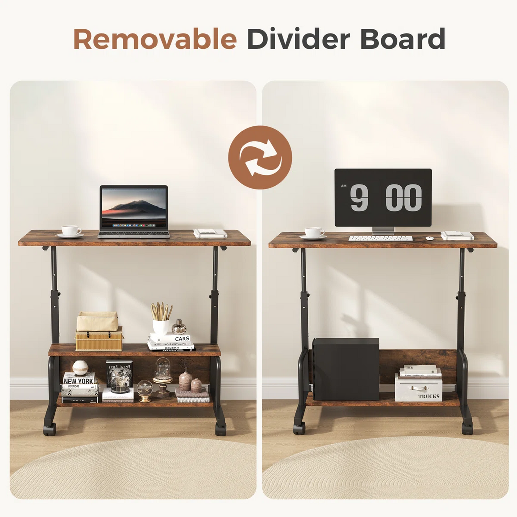 LIFERECORD Adjustable Height Standing Desk 31.5", Portable Rolling Desk on Wheels, Mobile Computer Desk with Lockable Wheels & 2-Tier Storage for Small Spaces Home Office