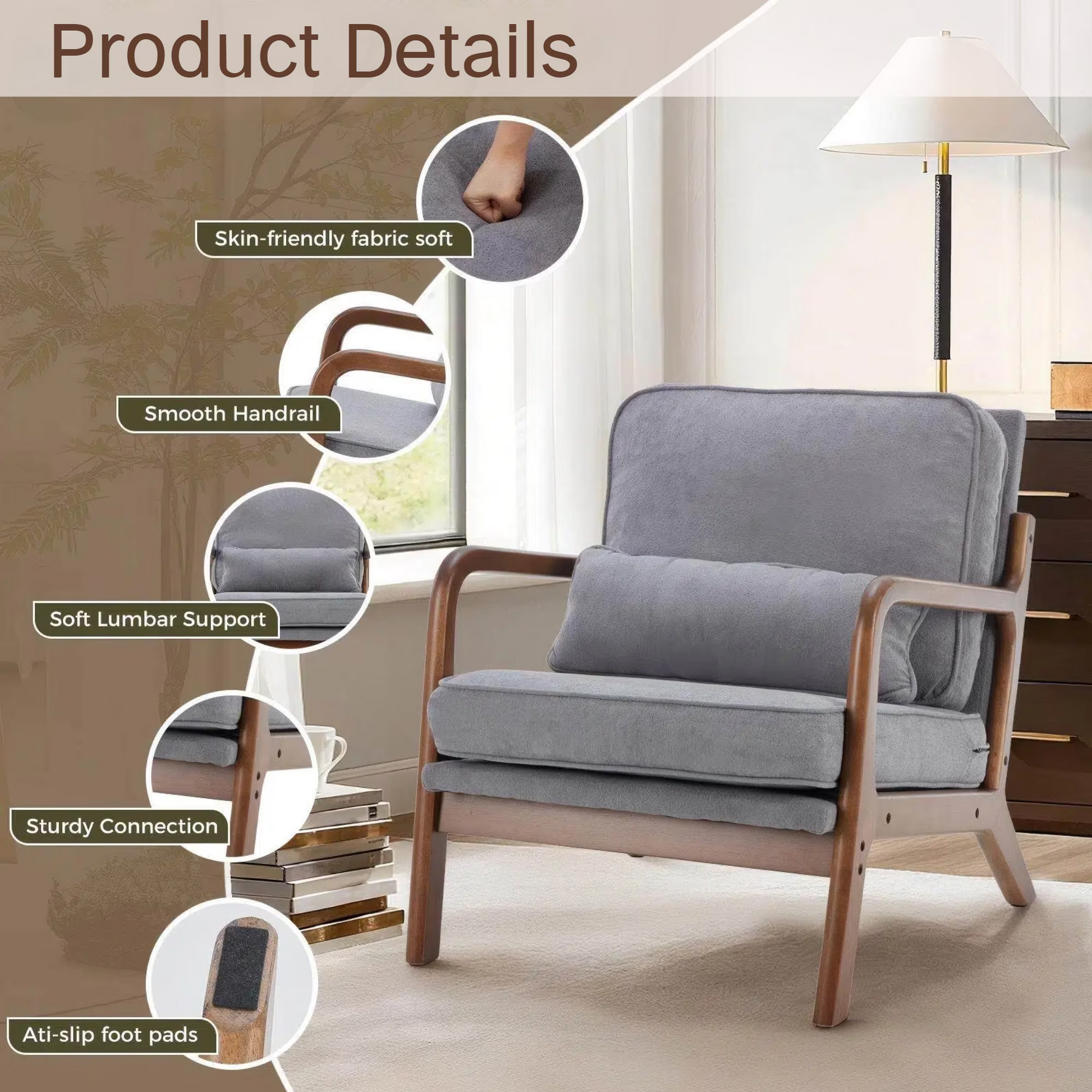 LIFERECORD Mid Century Modern Accent Chair, Reading Chair with Arms and Lumbar Cushion, Comfortable Lounge Chair for Living Room Bedroom, Solid Rubberwood Frame