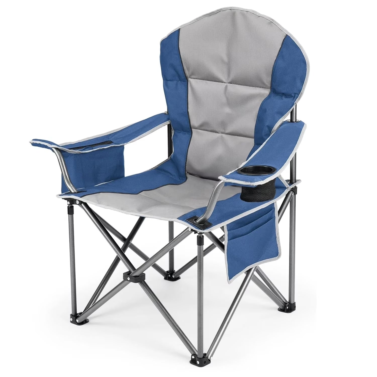ACCVER 500 LBS Capacity Oversized Camping Chair - Heavy Duty Folding Chair, Cup Holder, Storage Pocket & Built-in Cooler Bag, Portable Steel Frame for Lawn, Beach, Tailgating - Blue & Grey