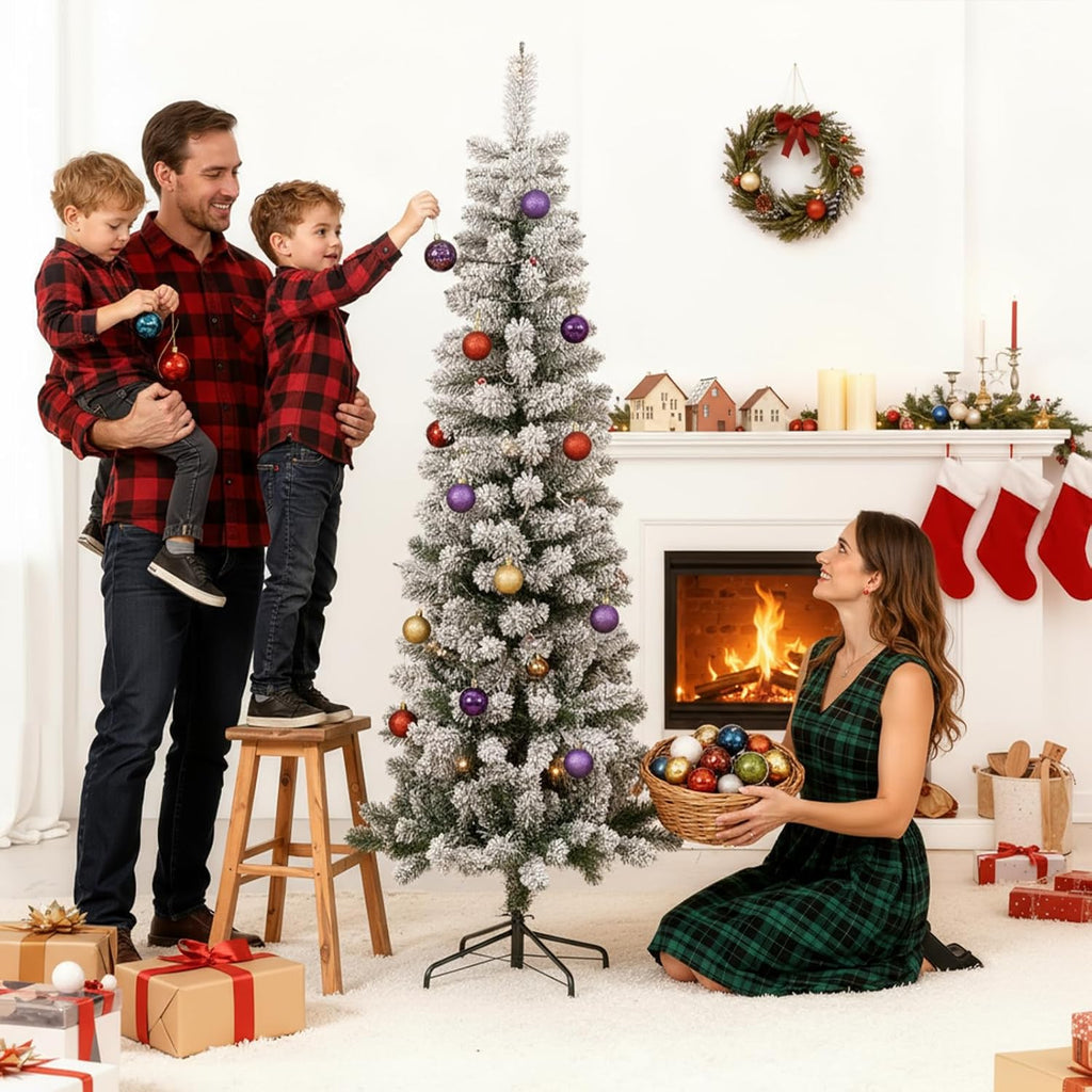 LIFERECORD 6ft Prelit Artificial Hinged Slim Pencil Christmas Tree with 250 Lights, 571 Full Branch Tips, 8 Warm Lingting Motes Perfect Decoration for Xmas Holiday, White