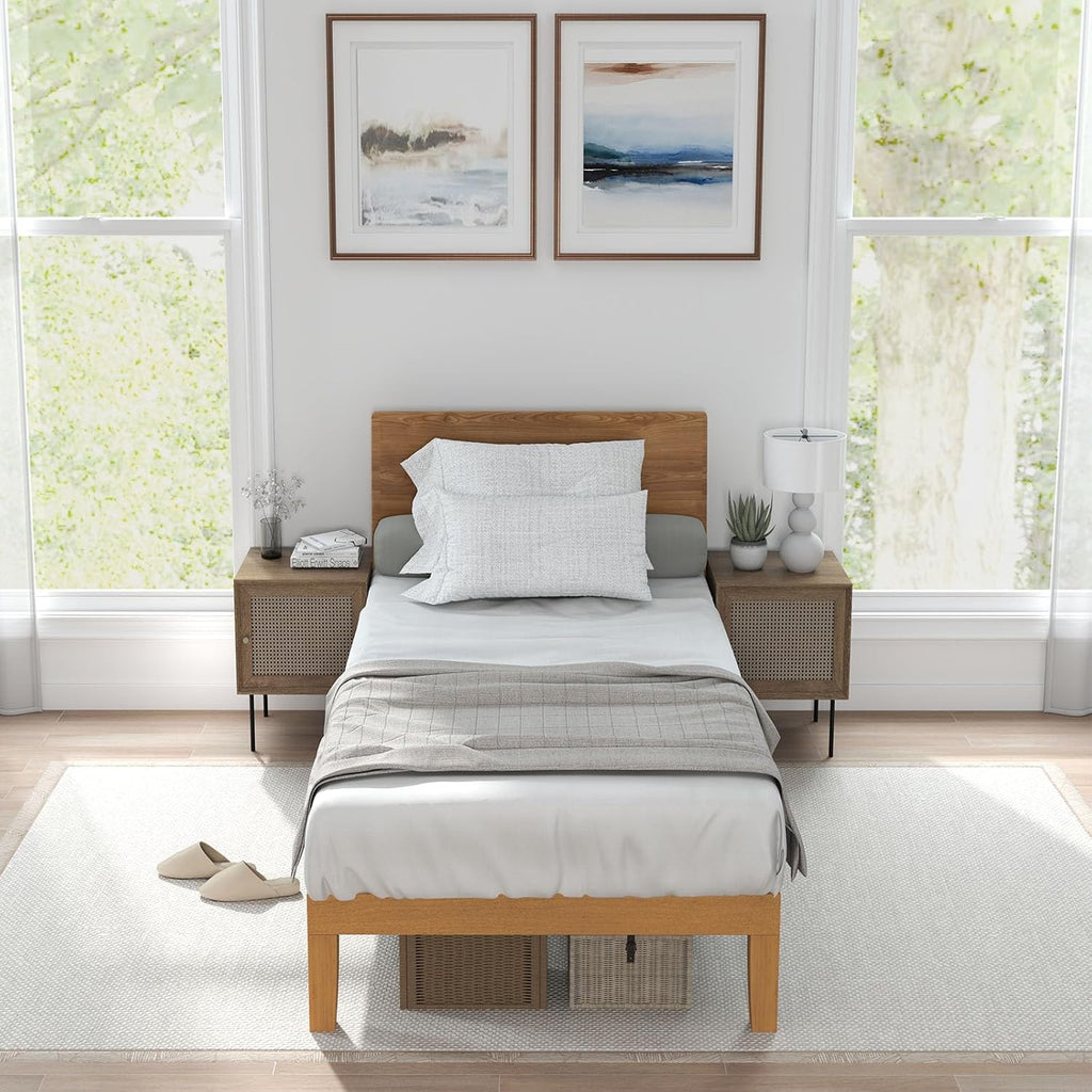 ACCVER Solid Wood Twin Size Bed Frame - 12in Natural Pine Platform Base with Wood Slats, Noise-Free & No Box Spring Needed, Natural Finish, Easy Assembly