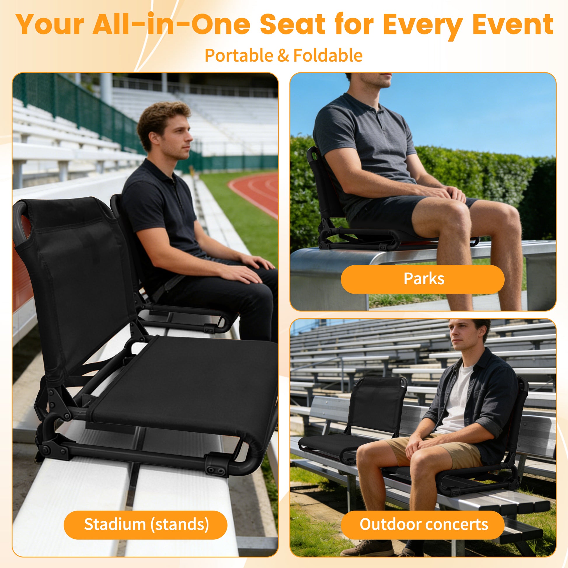 LIFERECORD Foldable Stadium Seat Chair with Back Support, Portable Bleacher Seat for Sports Games, Concerts, Parks - 225 lbs Capacity, Waterproof 600D Oxford Fabric, Dual Carry Options