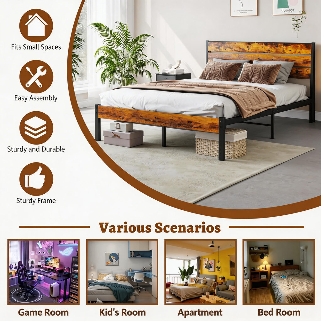 LIFERECORD Queen Size Bed Frame with Headboard, 800LBS Heavy Duty Metal Support, 12.8" Under Bed Storage, No Box Spring Needed, Easy Assembly, Noise Free, Rust Brown