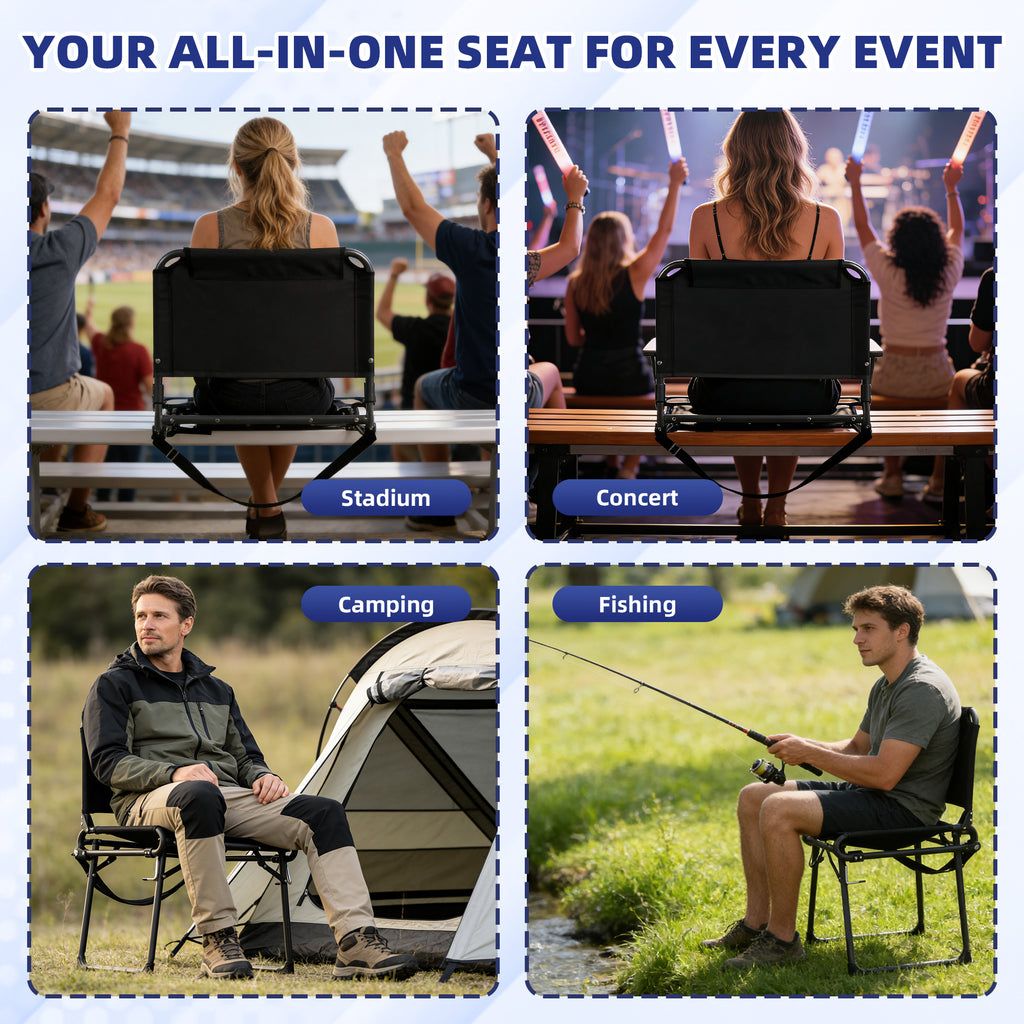 LIFERECORD Foldable Stadium Bleacher Seat with Back Support - Portable Heavy-Duty Steel Frame Chair for Family, Sports Games, Concerts, Camping - 225 lbs Capacity, Waterproof 600D Oxford Fabric