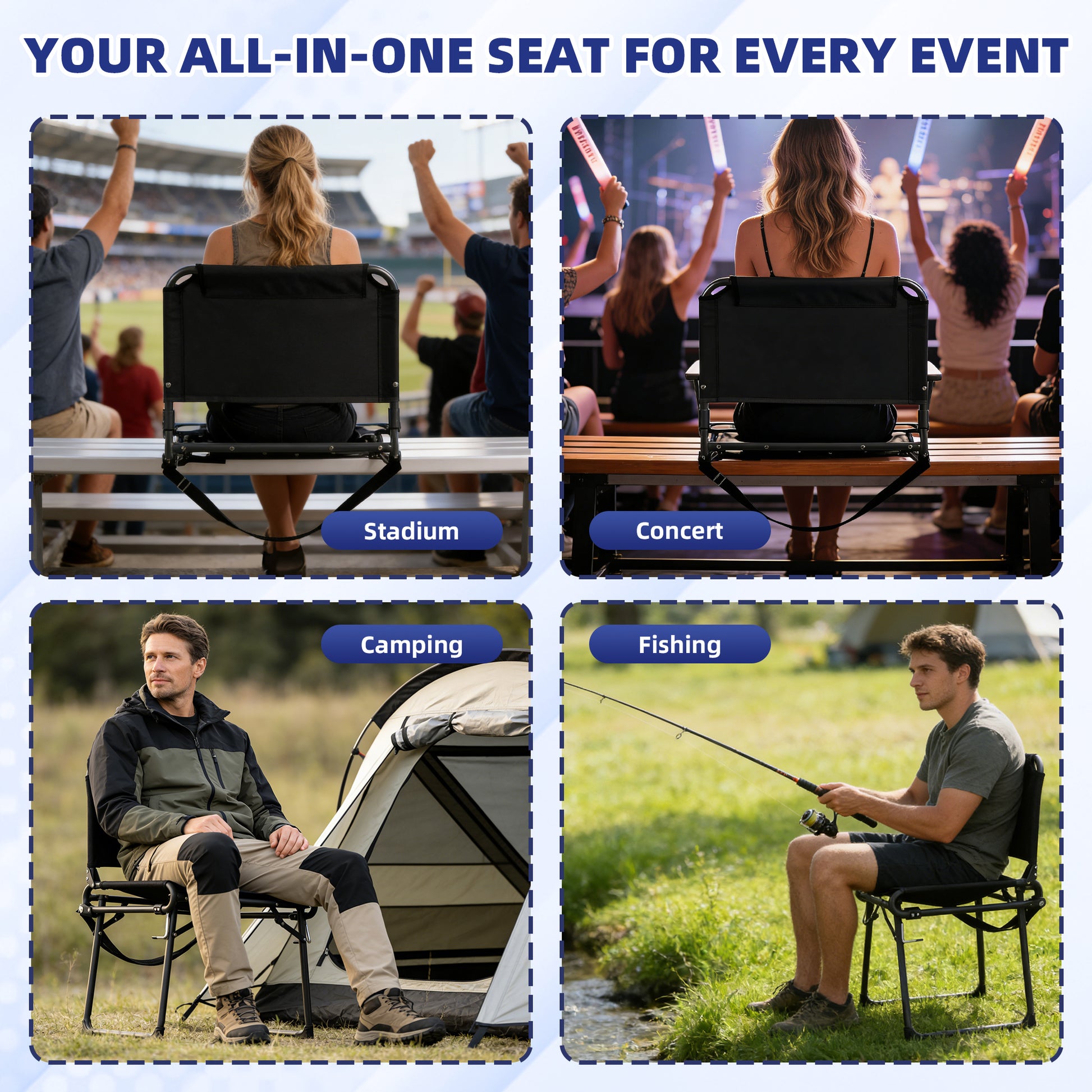 LIFERECORD Foldable Stadium Bleacher Seat with Back Support - Portable Heavy-Duty Steel Frame Chair for Family, Sports Games, Concerts, Camping - 225 lbs Capacity, Waterproof 600D Oxford Fabric