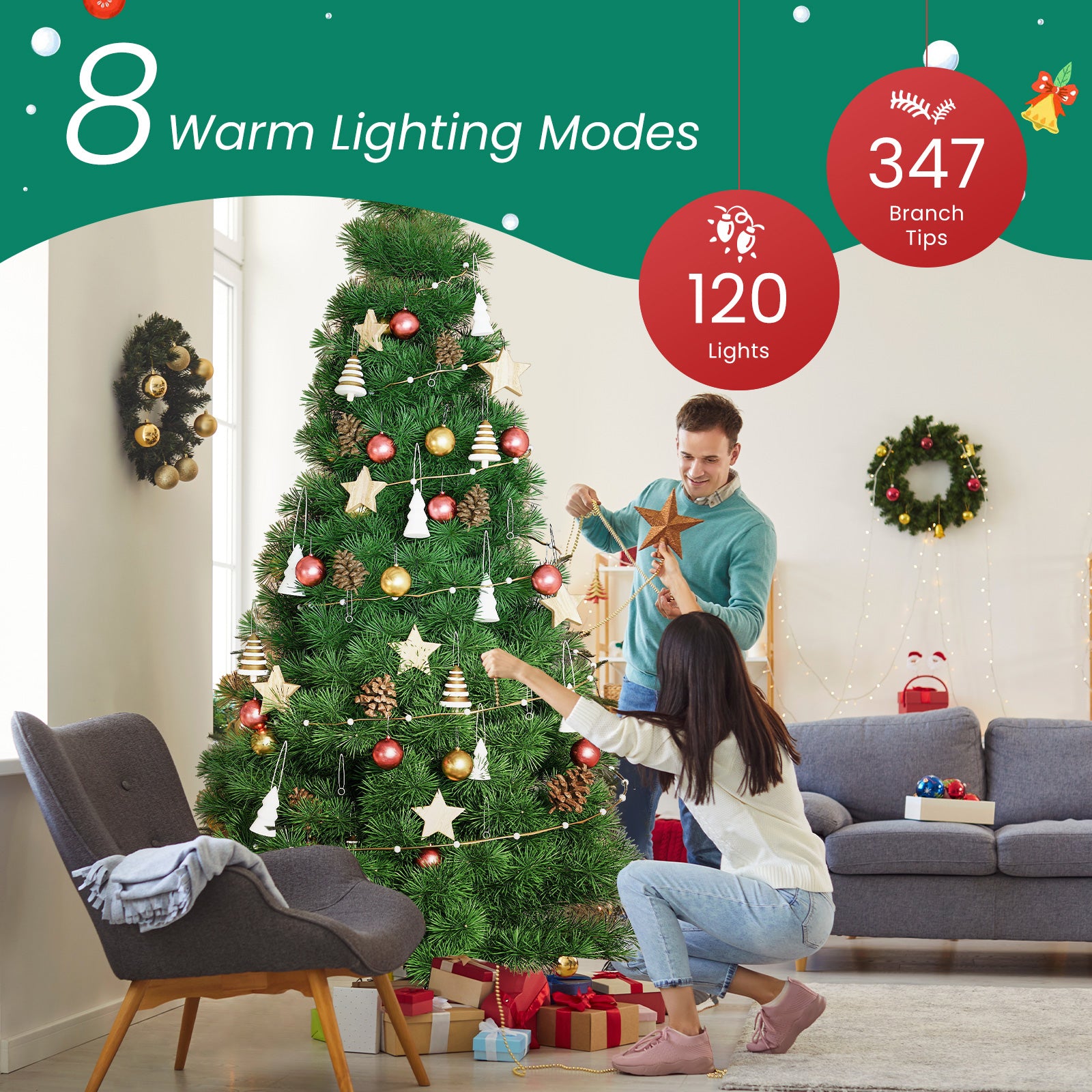 ACCVER 9ft Pre-lit Artificial Spruce Christmas Tree - 347 Dense PVC Branch Tips, 120 Warm Incandescent Lights with 8 Modes, Green