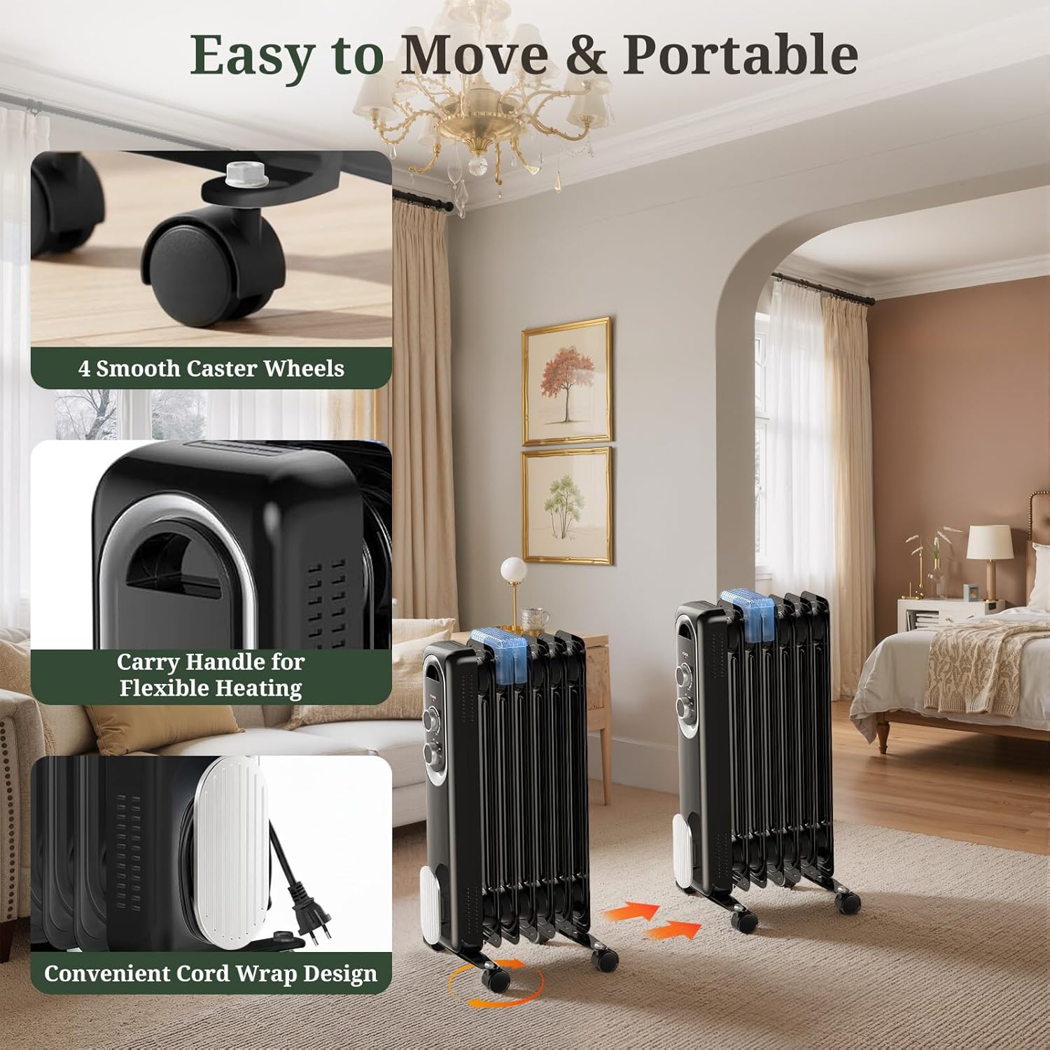 ROSVOVO 1500W Oil Filled Radiator Heater - 3 Heat Settings, Adjustable Thermostat, Ultra Quiet Portable Space Heater for Bedroom & Office, Black