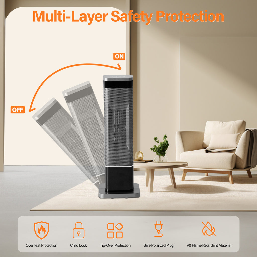 LIFERECORD Portable Space Heater for Indoor Use, 60°Oscillating Tower Heater with Thermostat, 12H Timer and Remote Control, 24 Inches, 1500W, Up to 99°F, Silver