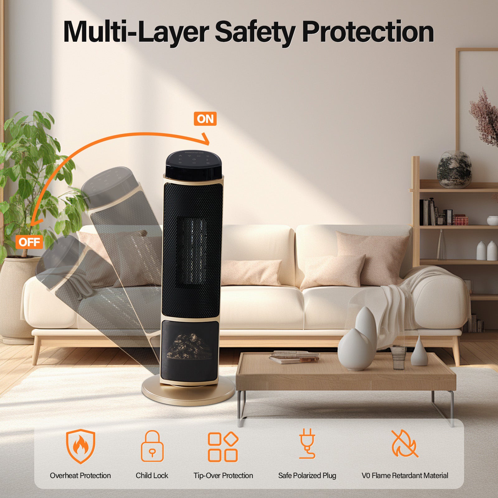 LIFERECORD Oscillating Space Heater with Remote, 70° Wide-Angle Heating, Quiet Portable Indoor Heater with Tip-Over Protection for Office & Home, Gold