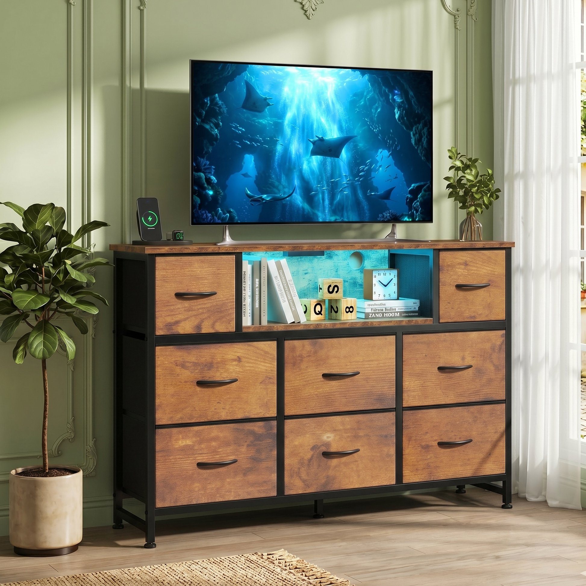 LIFERECORD Dresser TV Stand for 45-55 Inch, Chest of Drawers with LED Lights & USB Ports, Entertainment Center with Charging Station, Wood Top Media Console for Bedroom