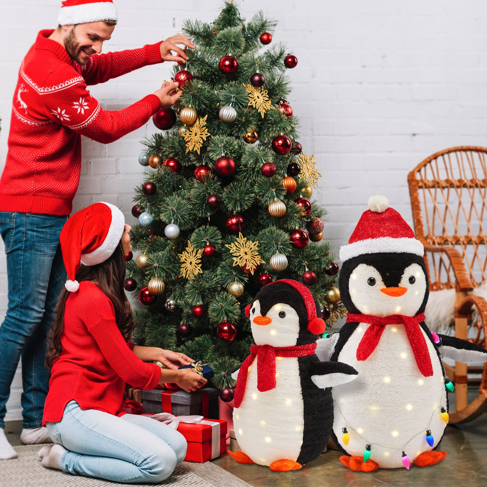 LIFERECORD 2PC Lighted Penguin Family, 3ft Pop-Up Outdoor Christmas Holiday Decoration w/ 150 LED Lights, Multicolored Lights - Red