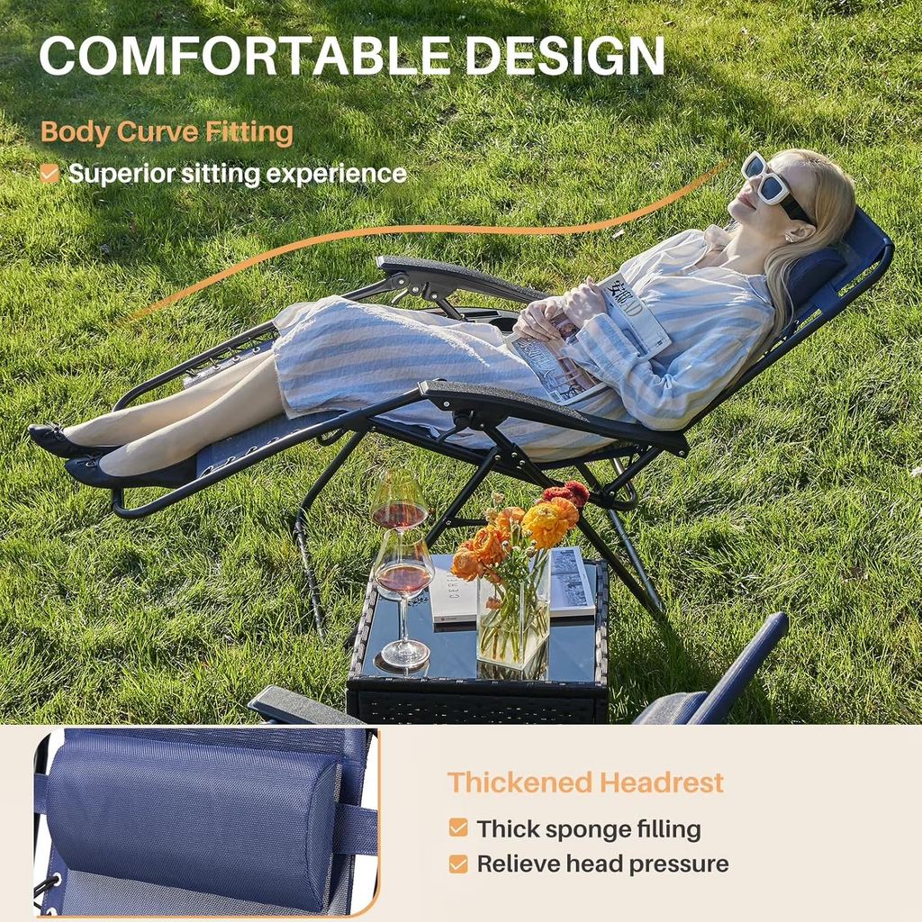 Set of 2 Zero Gravity Chairs with Cup Holder Trays, Portable Recliner Beach Camping Patio Outdoor Folding Lounge Chairs with Adjustable Pillow, Blue