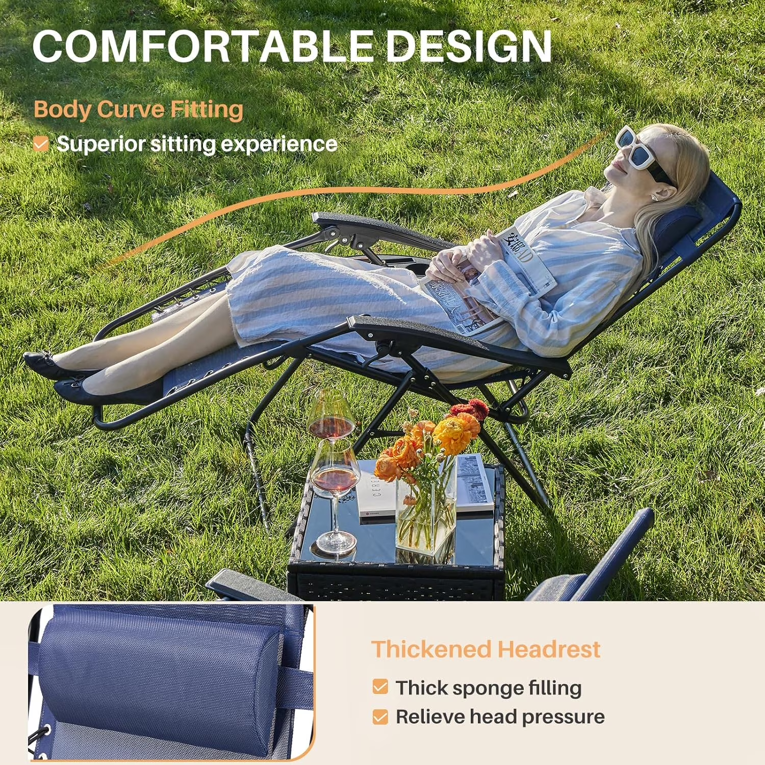 Set of 2 Zero Gravity Chairs with Cup Holder Trays, Portable Recliner Beach Camping Patio Outdoor Folding Lounge Chairs with Adjustable Pillow, Blue