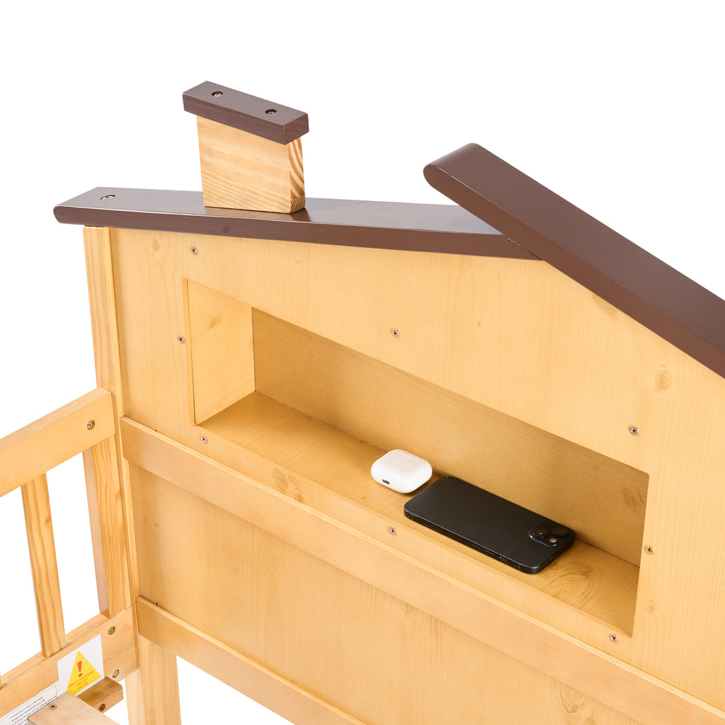 LIFERECORD Twin Size Bed Frame with Storage - Solid Wood House Frame, Safety Guardrails & Built-In Shelf for Bedroom Organization