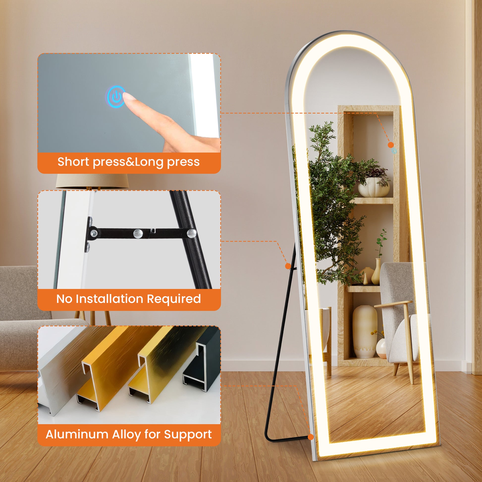 LIFERECORD 63"x20" Full Length Mirror with LED Lights, 3 Color Lighting Floor Standing Mirror with Dimming, Standing and Wall Mounted Mirror for Bedroom, Living Room, Cloakroom (Rounded Corners)