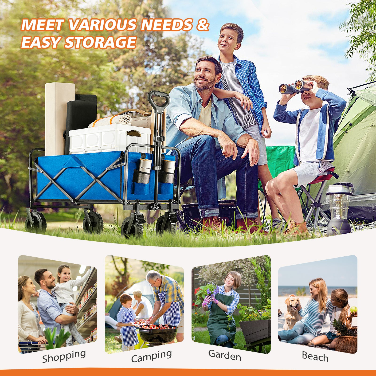 ACCVER Heavy Duty Collapsible Wagon Cart - 400LBS Capacity Folding Utility Cart w/ All-Terrain Wheels, Drink Holders for Camping, Beach, Grocery, Sports (Foldable & Portable), Extra Large Blue
