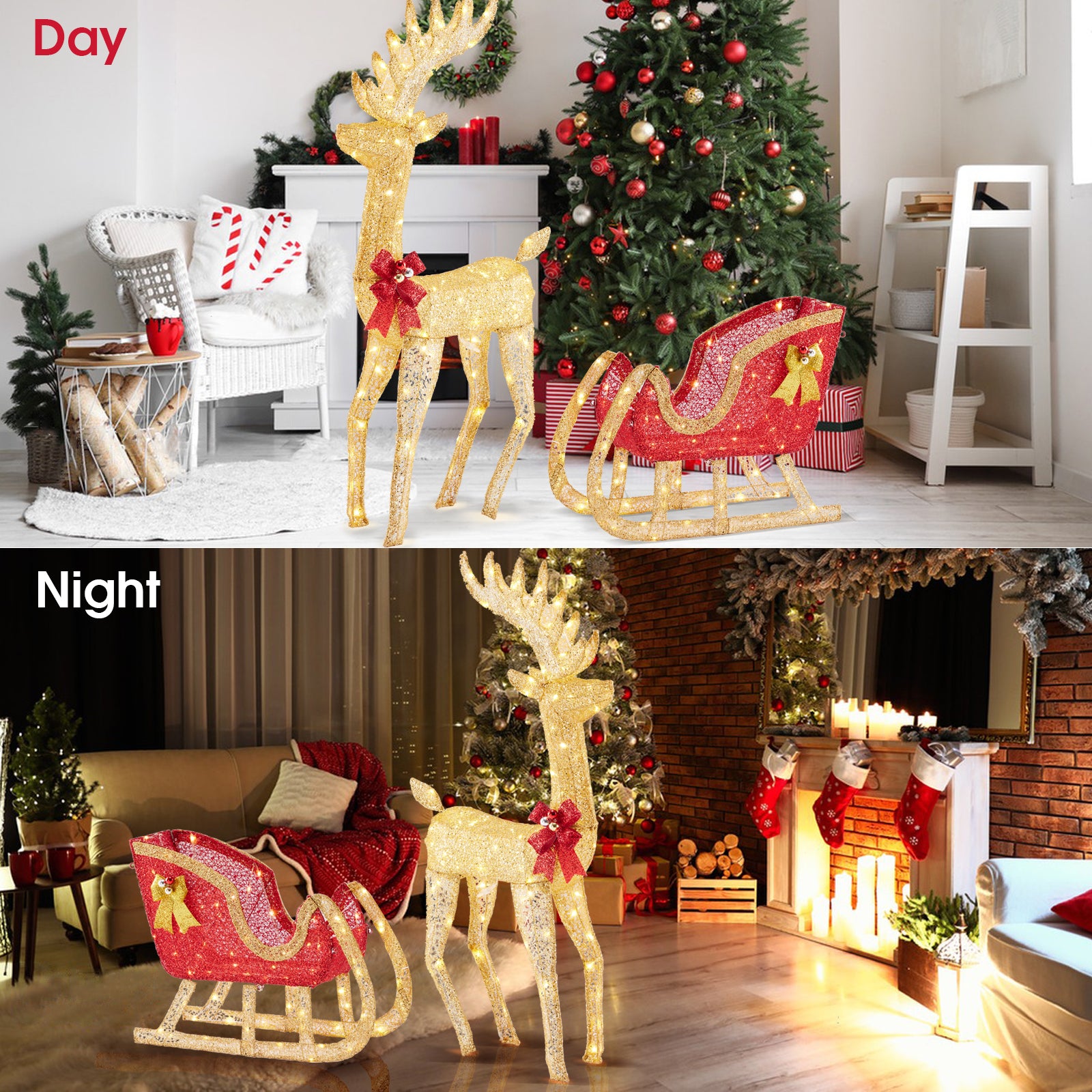 LIFERECORD 4 FT Christmas Lighted Reindeer & Santa's Sleigh, Indoor/Outdoor Xmas Pre-Lit Yard Decoration with 180 LED Lights, Stakes & Zip Ties, Festive Holiday Decoration for Lawn & Garden, Gold