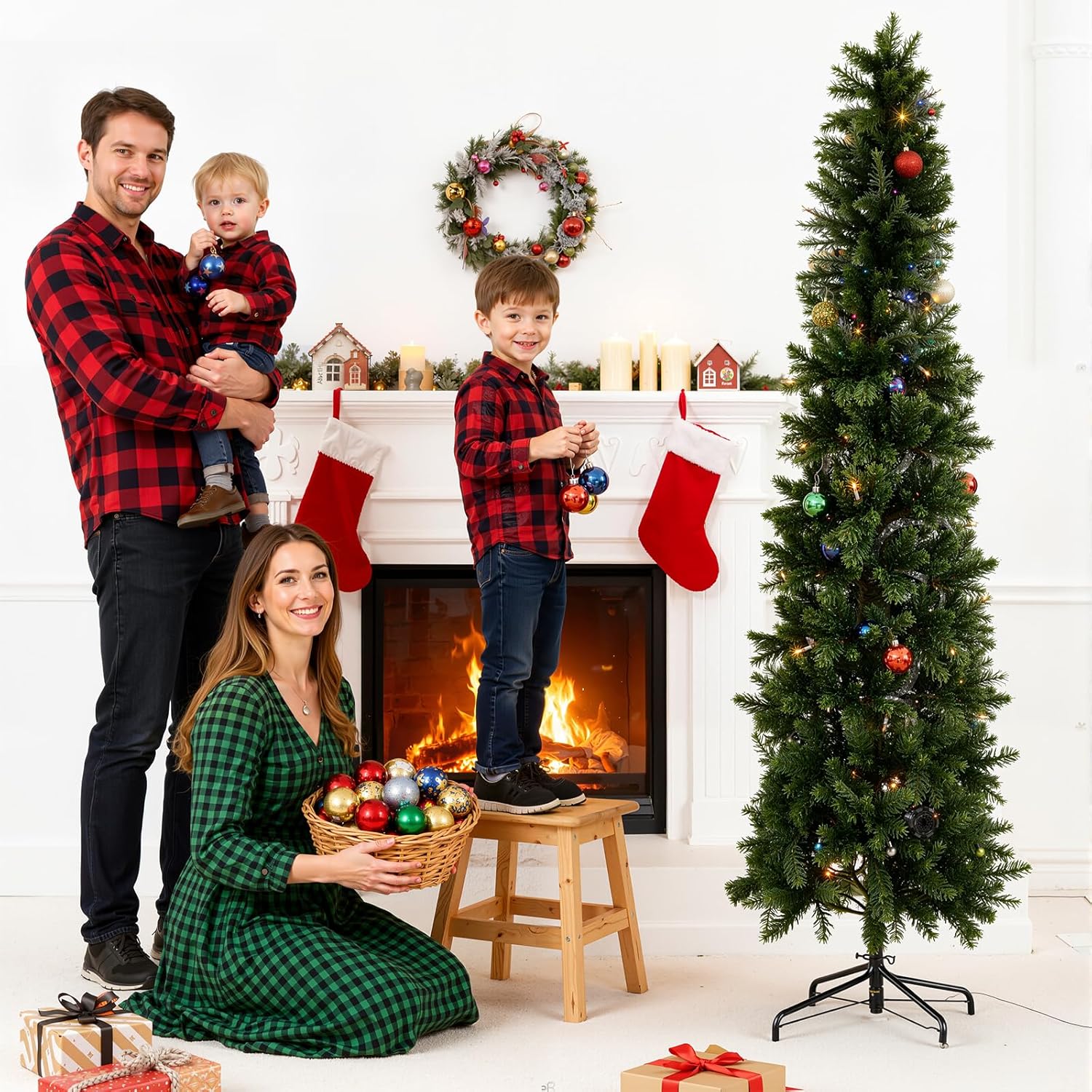 LIFERECORD 7.5ft Prelit Artificial Hinged Slim Pencil Christmas Tree with 350 Lights, 860 Full Branch Tips, 8 Warm Lingting Motes Perfect Decoration for Xmas Holiday, Green