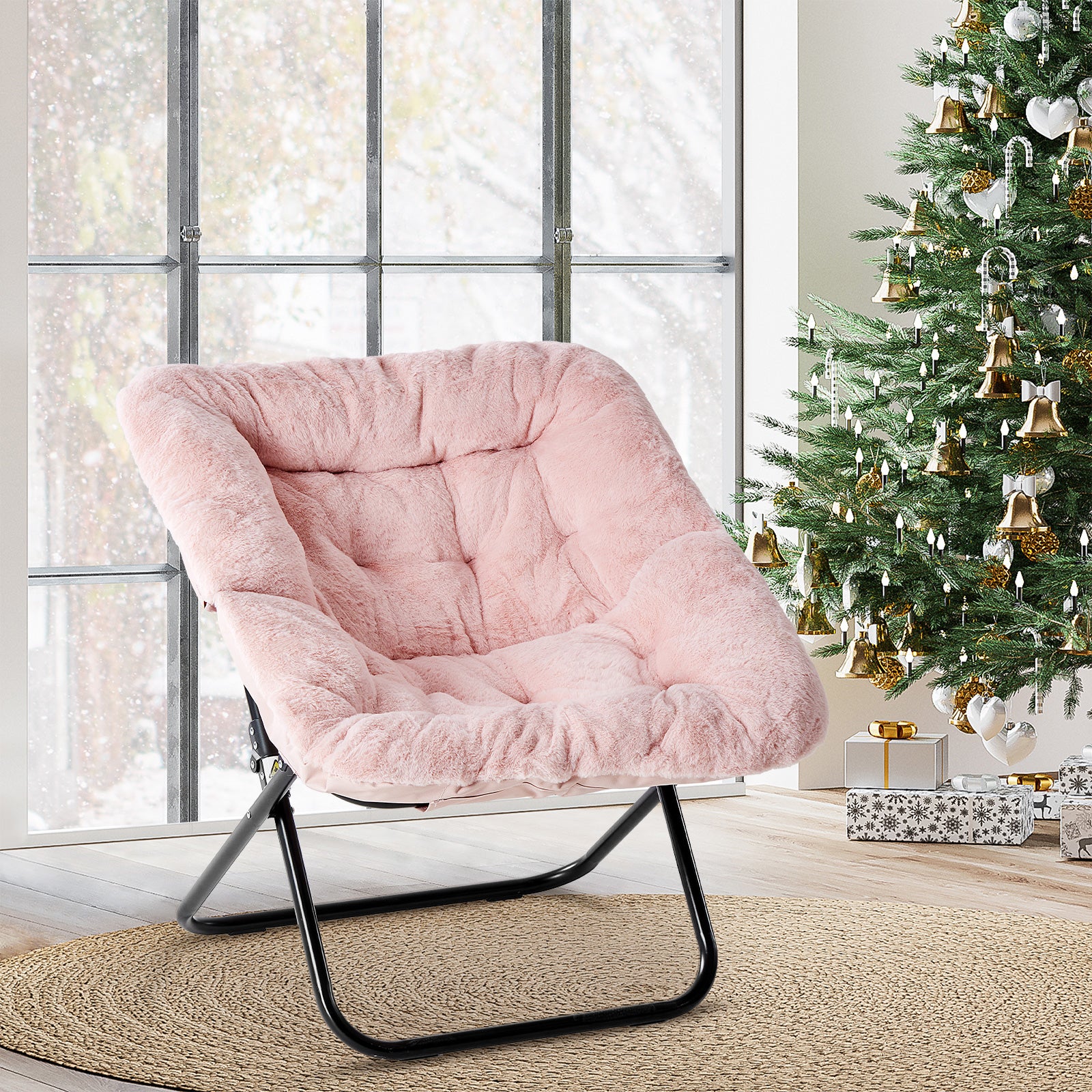 LIFERECORD Oversized Faux Fur Folding Chair - Plush Lounge Chair for Adults, Large Foldable Reading Chair for Bedroom, Dorm & Living Room, Pink