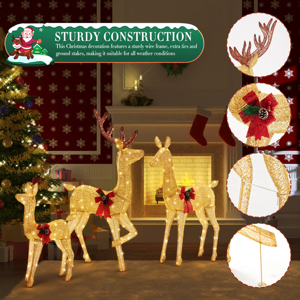 LIFERECORD 3-Piece 2D Lighted Christmas Deer Family Set - Large Outdoor Yard Reindeer Holiday Decoration with 360 LED Lights, Stakes, Zip Ties - Gold