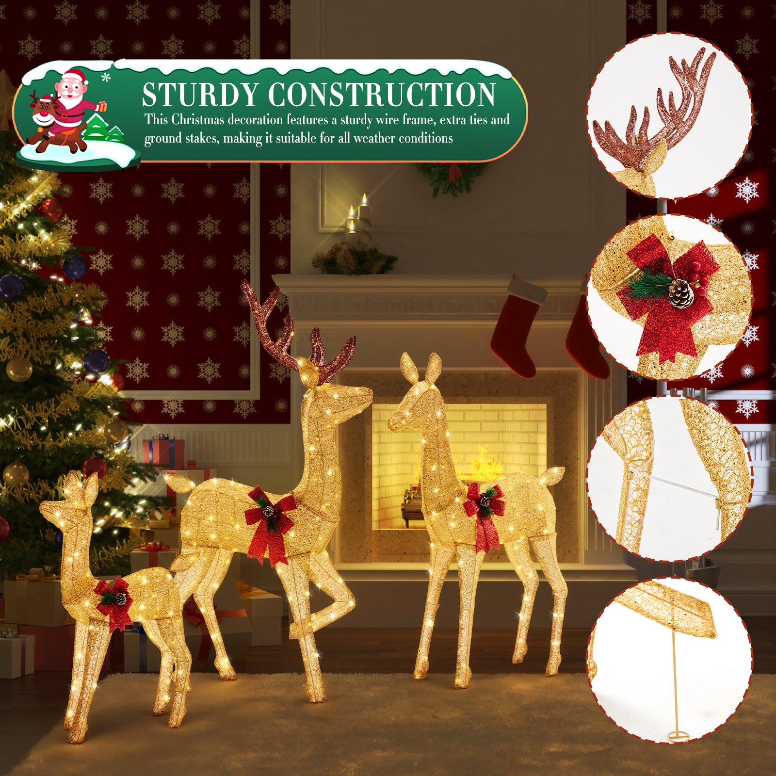 LIFERECORD 3-Piece 2D Lighted Christmas Deer Family Set - Large Outdoor Yard Reindeer Holiday Decoration with 360 LED Lights, Stakes, Zip Ties - Gold