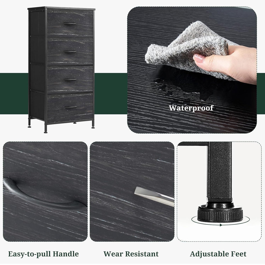 ACCVER Dresser for Bedroom 4 Storage drawer, Fabric Closet Chests Organizer Tower with Wooden Top Metal Frame for Living Room Hallway Entryway, Black Wood