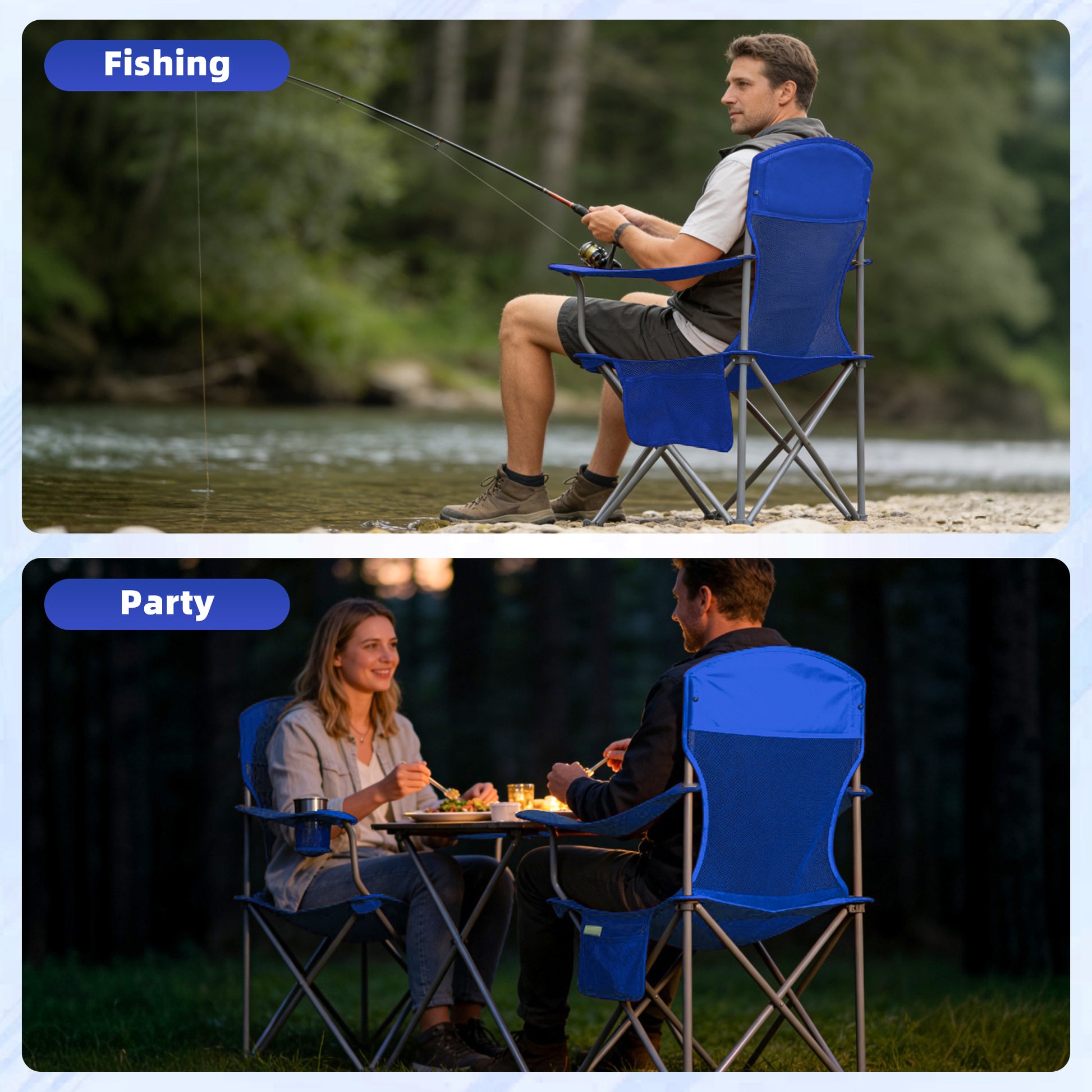 LIFERECORD Portable Camping Chair with Cup Holder & Side Pocket, Lightweight Folding Outdoor Chair for Beach, Fishing, Picnic, Heavy Duty 300LBS Capacity, Blue