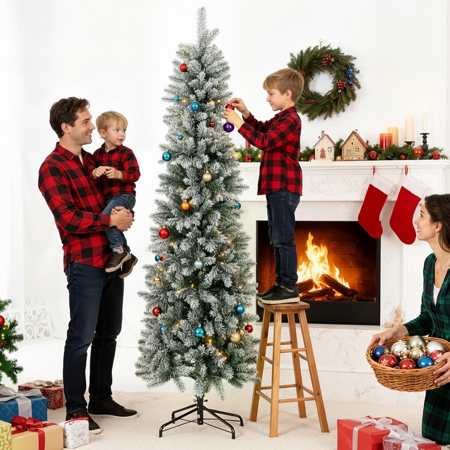 LIFERECORD 9ft Prelit Artificial Hinged Slim Pencil Christmas Tree with 500 Lights, 1100 Full Branch Tips, 8 Warm Lingting Motes Perfect Decoration for Xmas Holiday, White