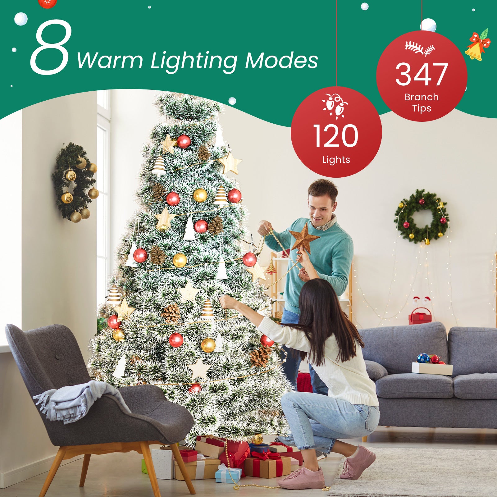 ACCVER 6ft Pre-lit Artificial Spruce Christmas Tree - 347 Dense PVC Branch Tips, 120 Warm Incandescent Lights with 8 Modes, White